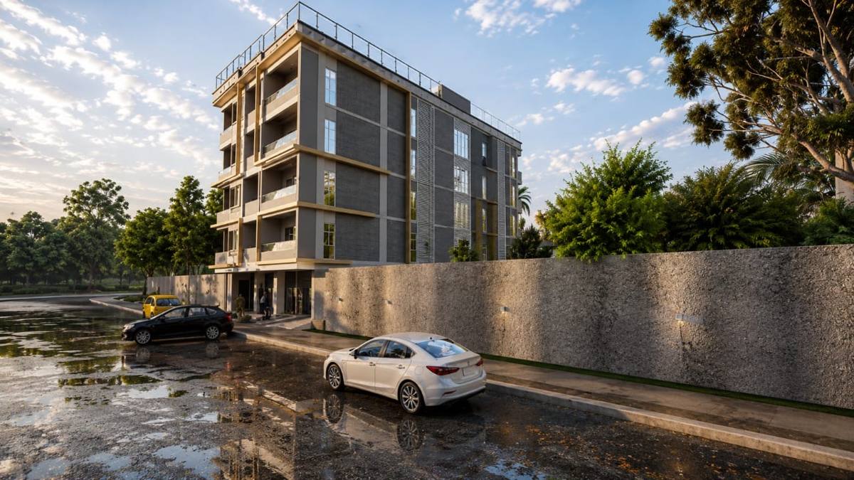 Immeuble à façade grise et finitions dorées derrière un mur de clôture, perspective 3D