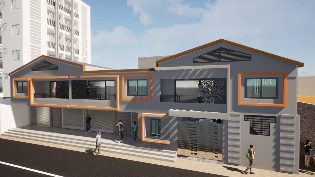 Bâtiment à deux niveaux avec commerces au rez-de-chaussée et encadrements orange, perspective 3D