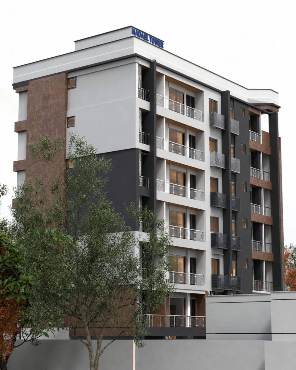 Immeuble d'appartements à balcons, façade grise et brune, perspective 3D