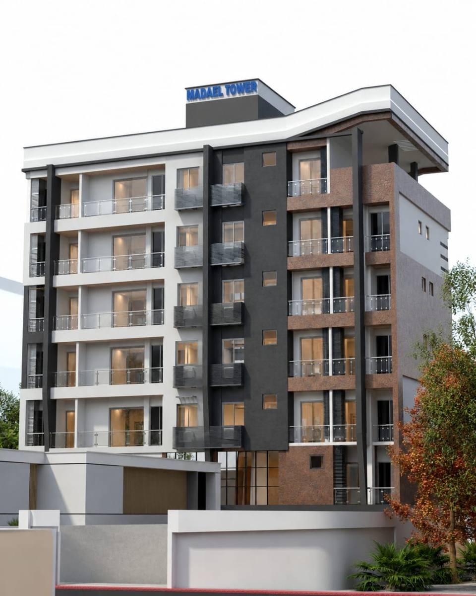 Immeuble d'appartements à façade blanche, noire et brune, vue de face, perspective 3D