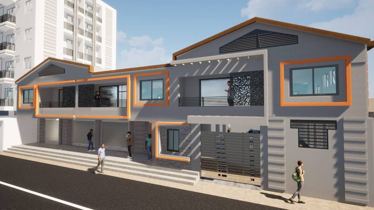 Bâtiment à deux niveaux avec commerces au rez-de-chaussée, vue depuis la rue, perspective 3D