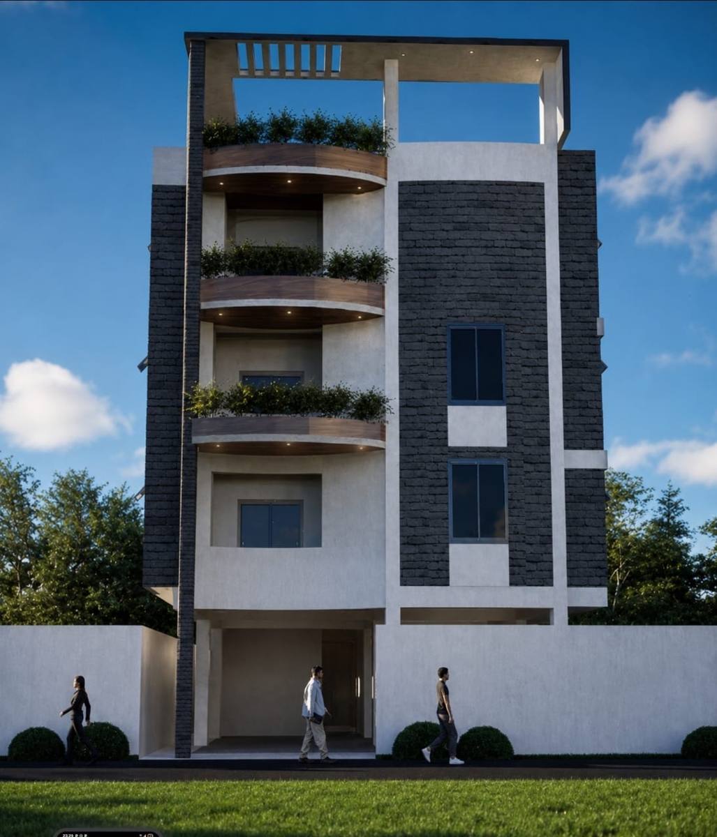 Immeuble à balcons arrondis plantés et façade en pierre sombre, perspective 3D