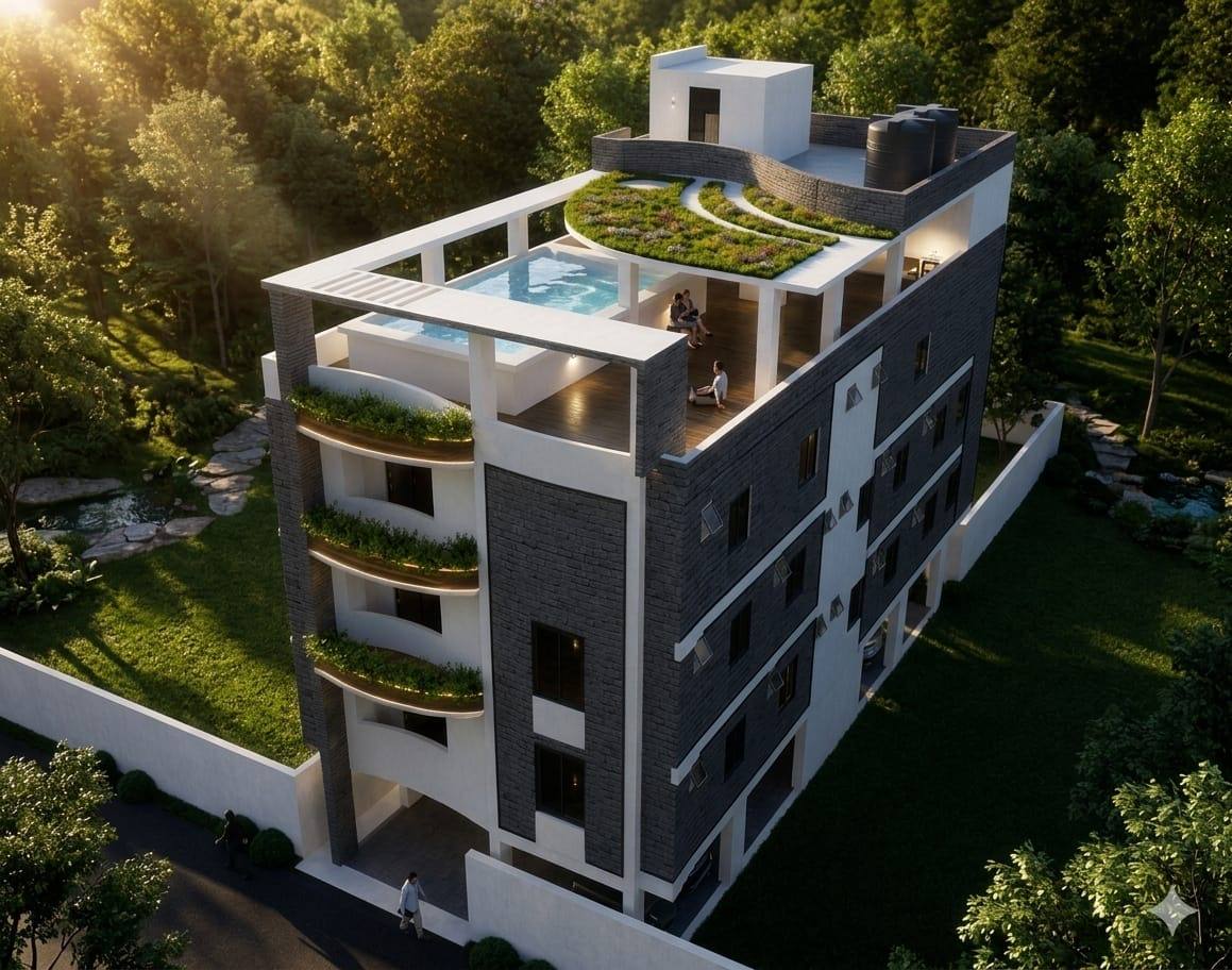 Vue aérienne d'un immeuble avec terrasse sur le toit et piscine, perspective 3D