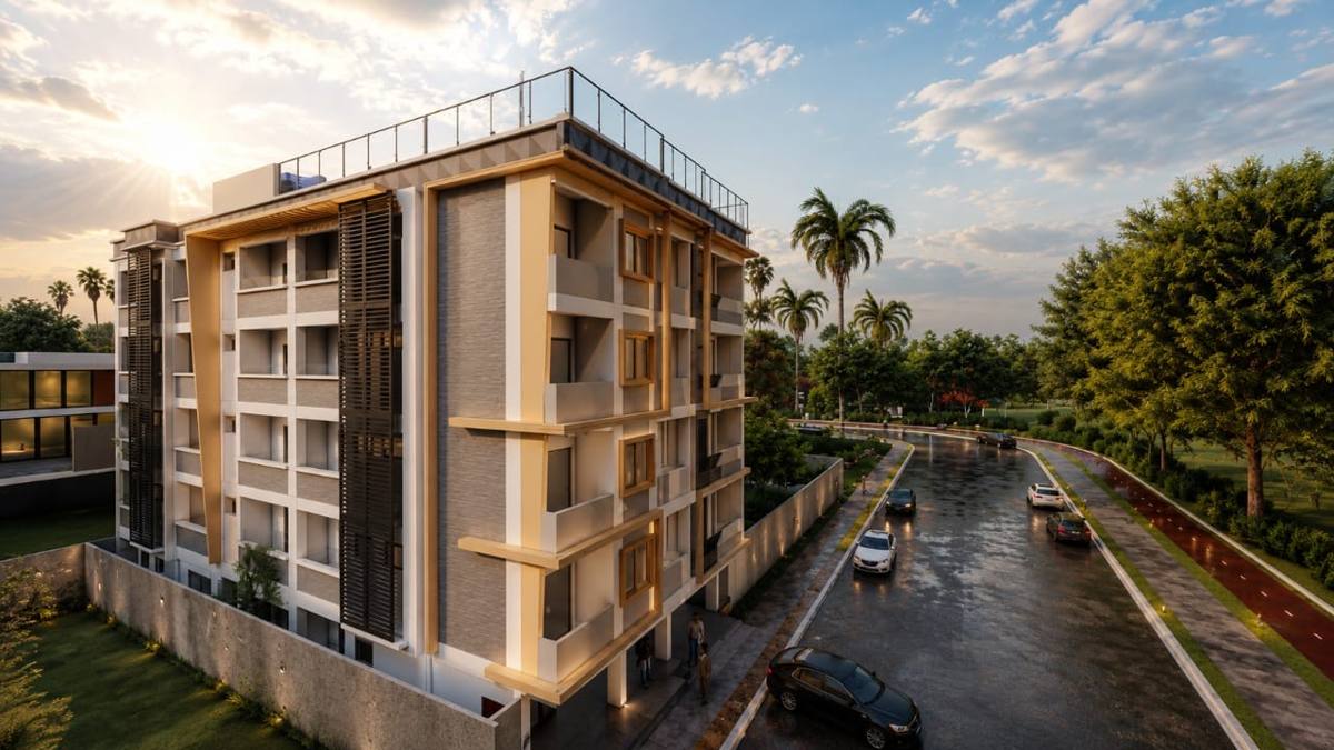 Immeuble d'appartements à balcons le long d'une avenue bordée de palmiers, perspective 3D