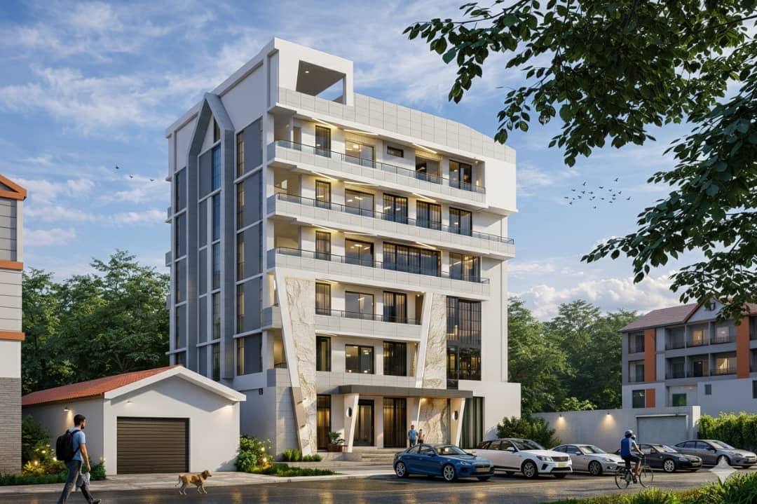 Immeuble blanc de plusieurs niveaux avec balcons et garage voisin, perspective 3D