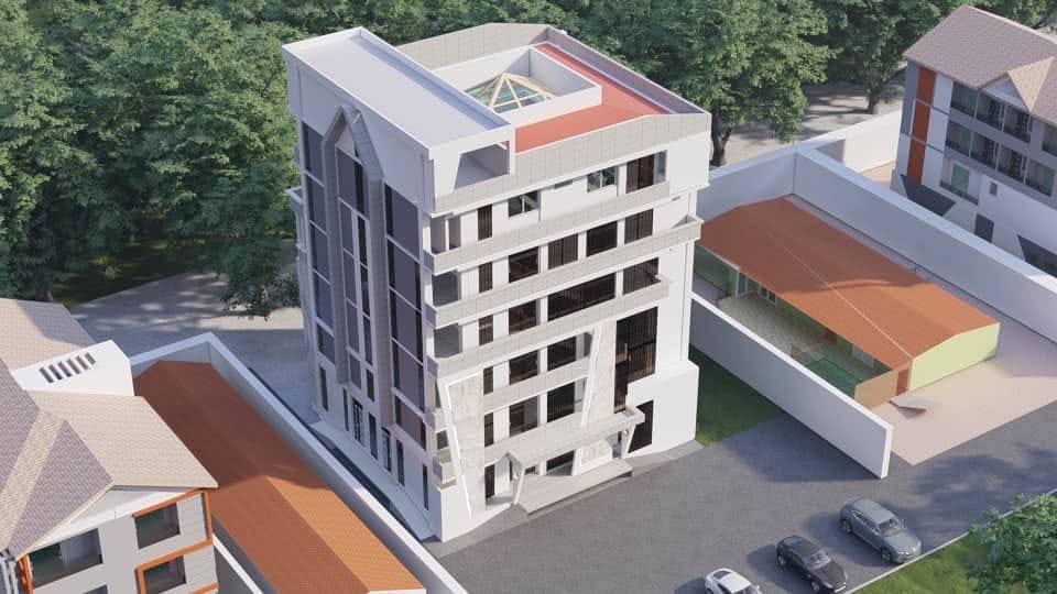 Vue aérienne d'un immeuble blanc de plusieurs niveaux, perspective 3D